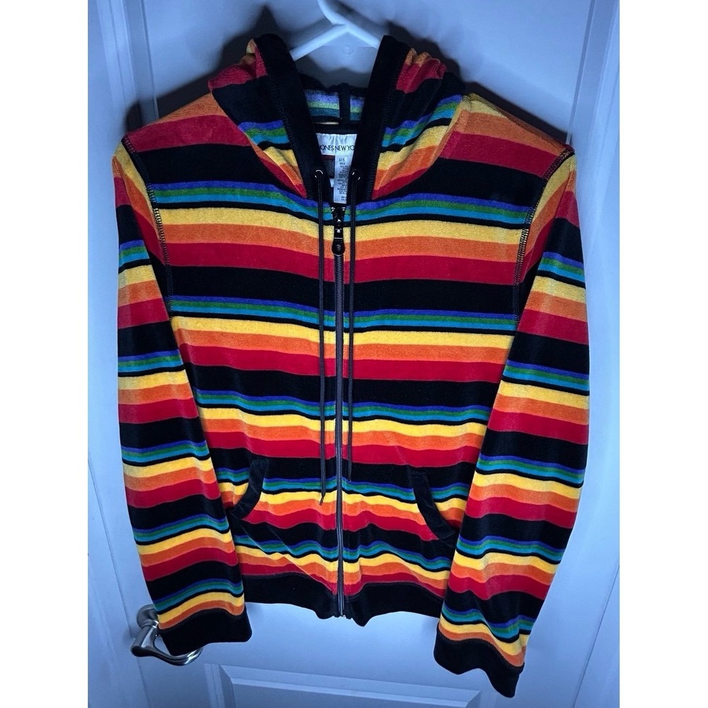 Vintage Y2k Jones New York Multi Color Rainbow Velvet Full Zip Hoodie Sweatshirt